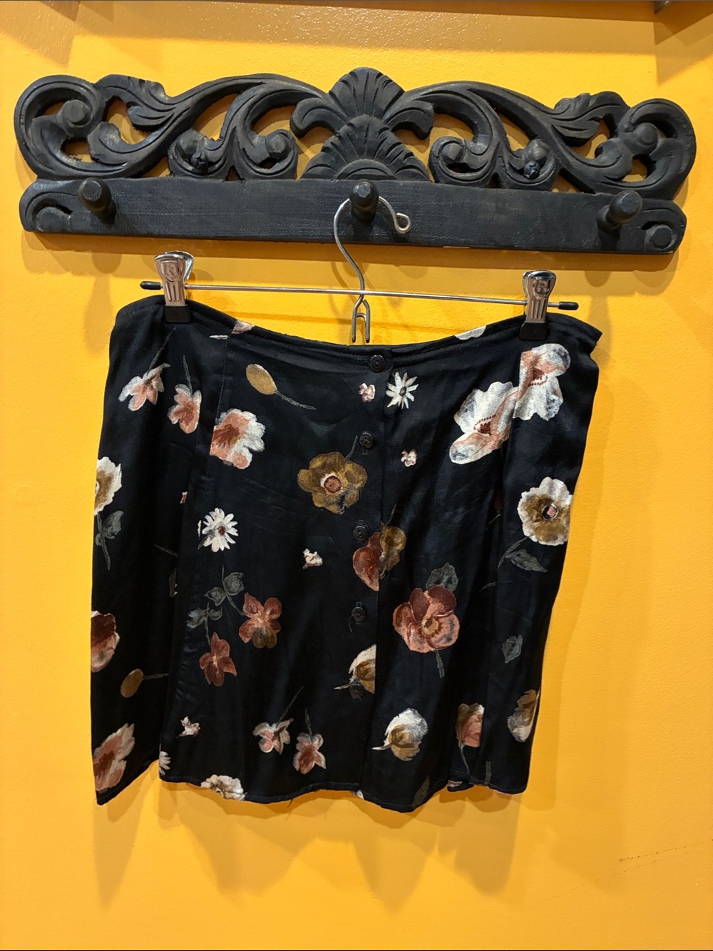Black Floral Mini Skirt with Button-Front Detail